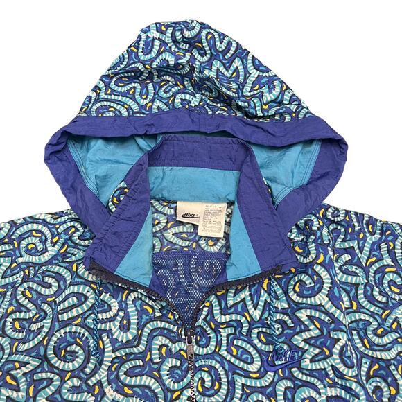 90s Vintage Nike Jacket Hooded Zip Up Windbreaker Women's Size XXL Blue Abstract - Picture 2 of 9